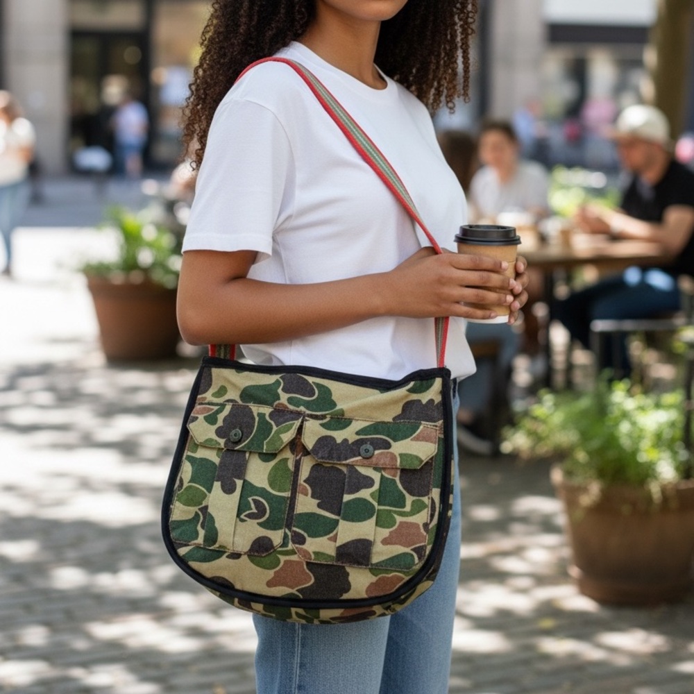 Handmade Camo Tote Bag: Upcycled Vintage‎ Walls Camouflage with Pockets